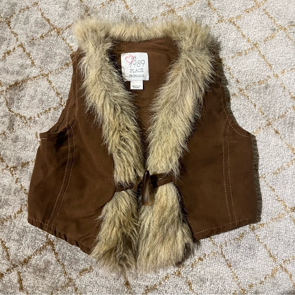 Est 1989 Place Baby Girls Brown Faux Fur Vest  Sz 18-24 Months Fall Winter